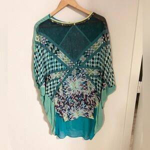 Conditions Apply Anthropologie boho  Beaded Sheer Artsy Art poncho style blouse